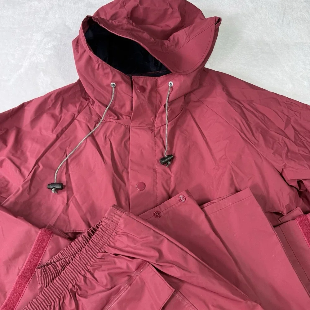 Vintage 90's LL Bean PVC Suit Red Rain Boat Jacket Hooded Coat Pant Mens Medium‎